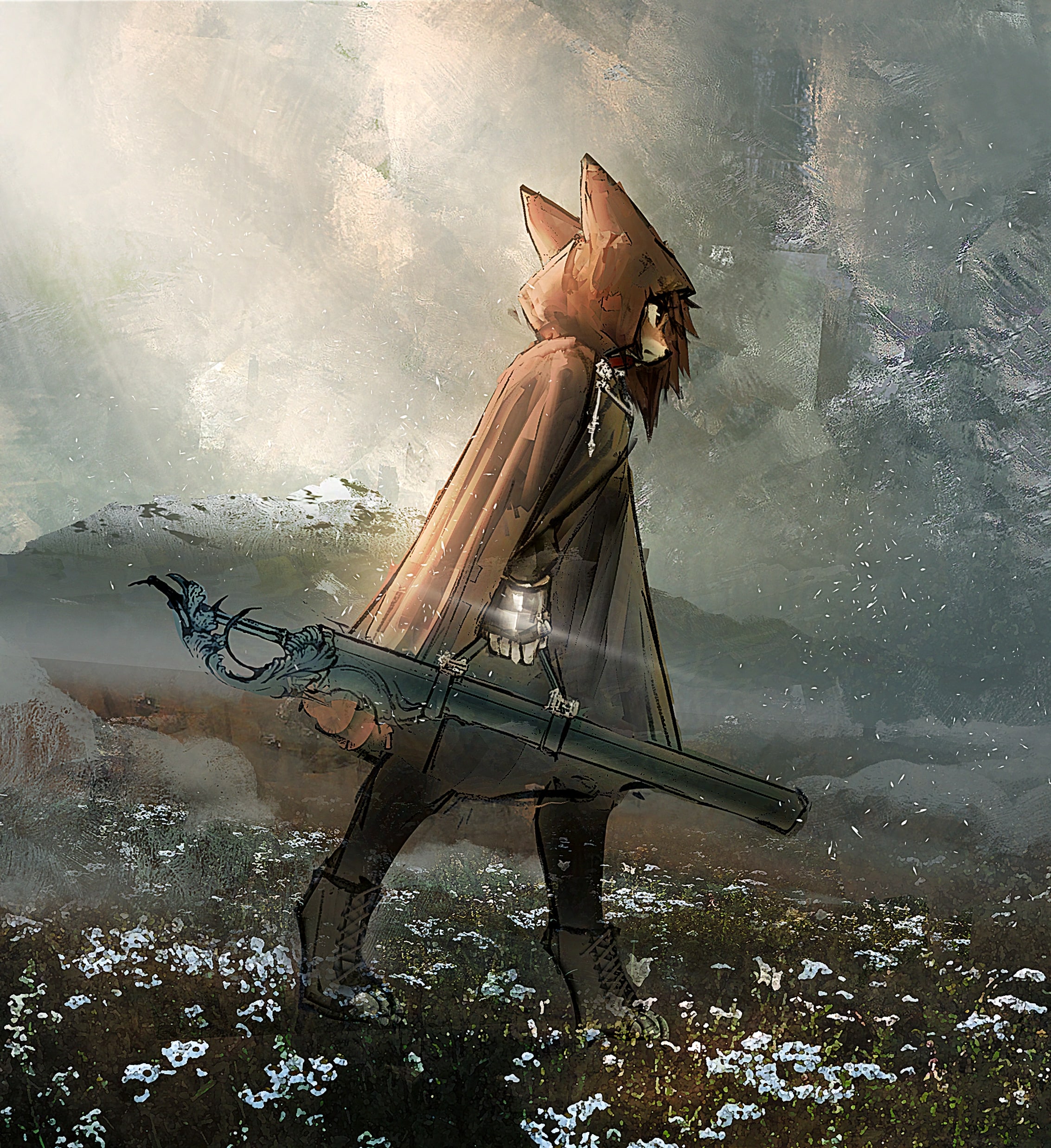 Amary traversing a flowerfield landscape